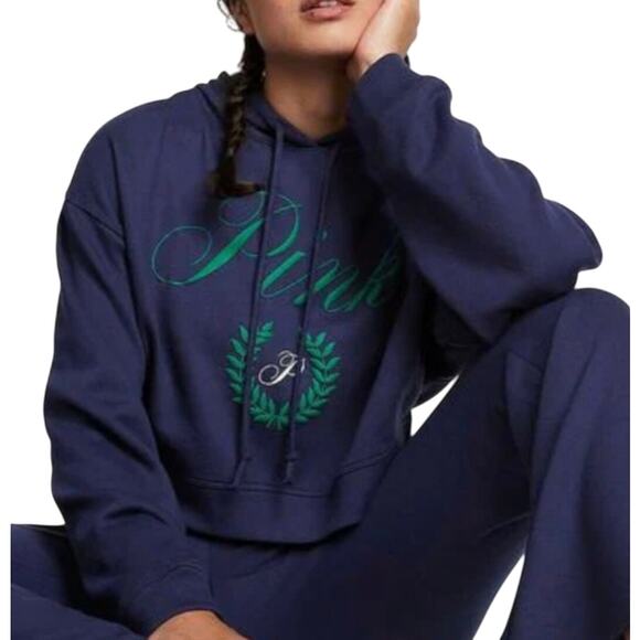 Pink Victorias Secret Womens Cropped Hoodie Sz. XL Midnight Navy Fleece Normcore - Picture 2 of 12